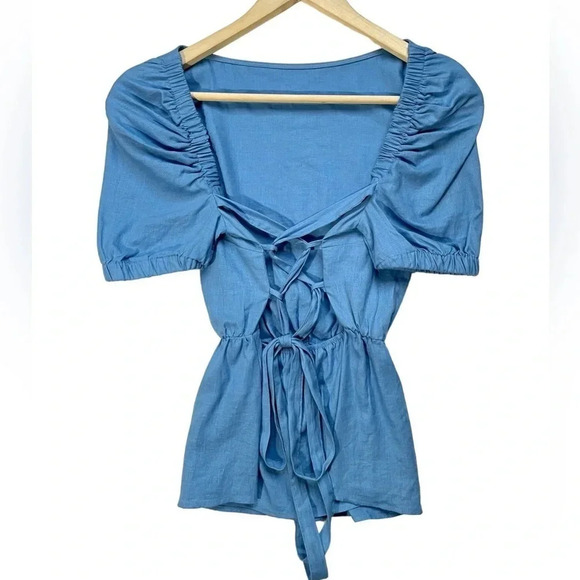 NWT New York & Company Linen Lace-Up Peplum Top - Picture 5 of 5